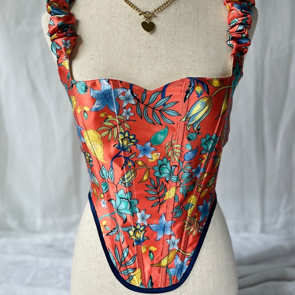 Peach Silk Corset Top - Handmade Floral Corset for Women